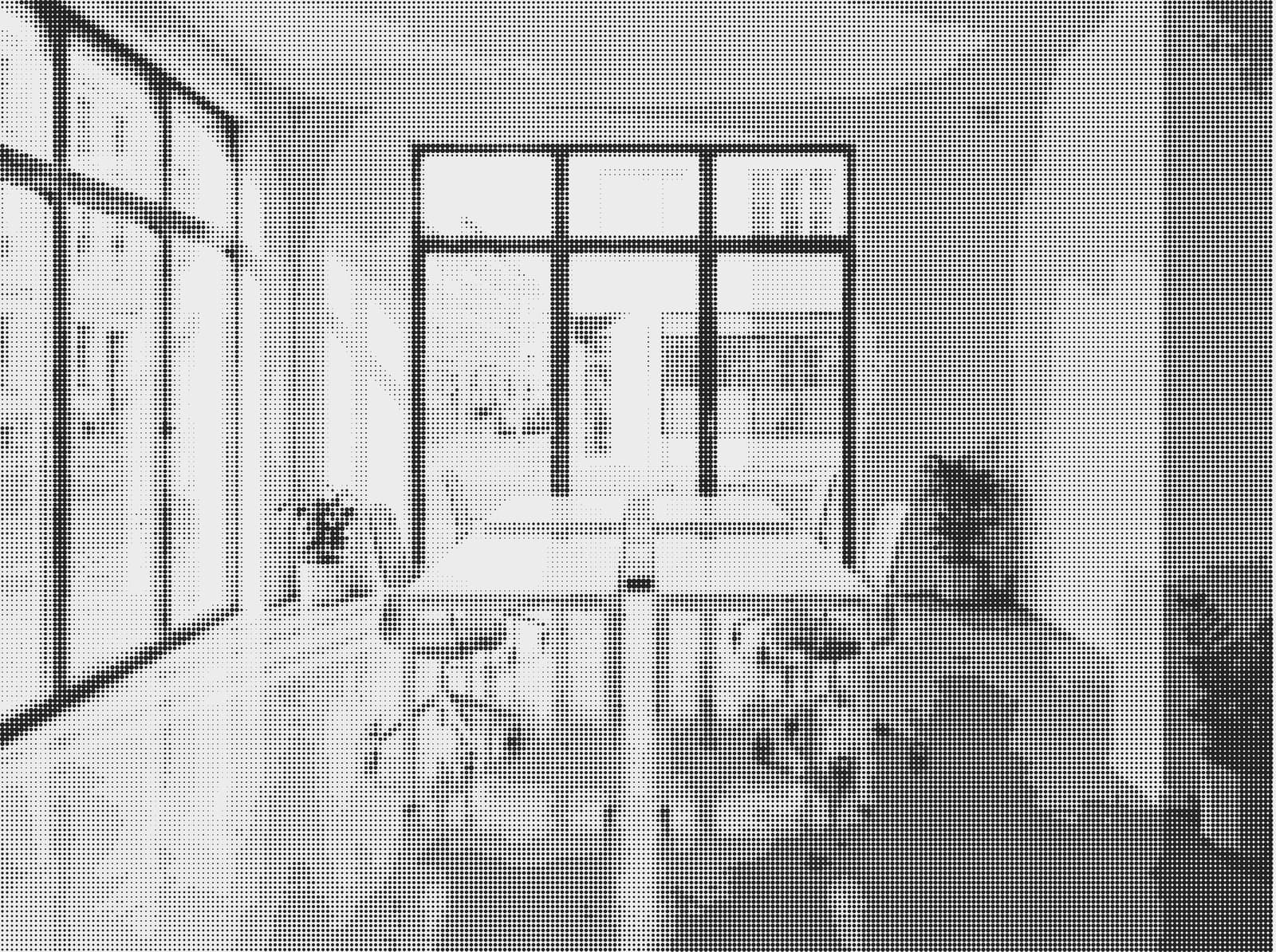 Heller Raum mit großen Sprossenfenstern, Tisch und Stühlen, als graues Punktraster (Beispielbild)